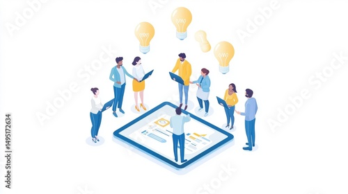 Diverse team brainstorming innovative ideas on tablet