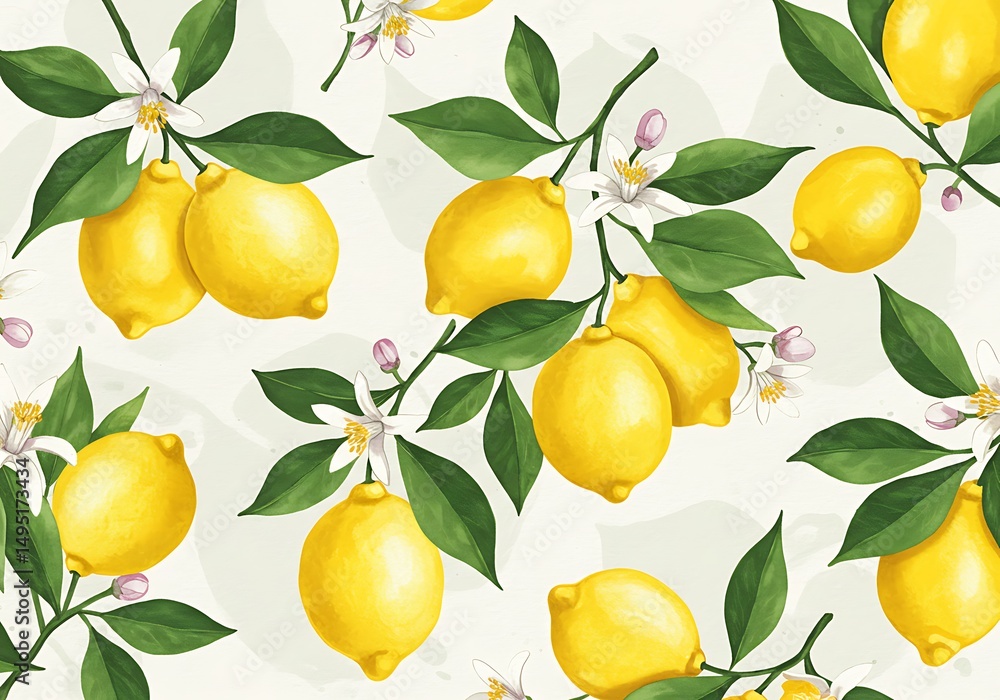 Seamless pattern of watercolor lemons with leaves and blossoms on white background Seamless pattern of watercolor lemons with leaves and blossoms on white background