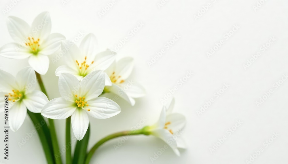 Fototapeta premium Close-up shot of pristine white flowers on stark white backdrop, clean, white background, innocent