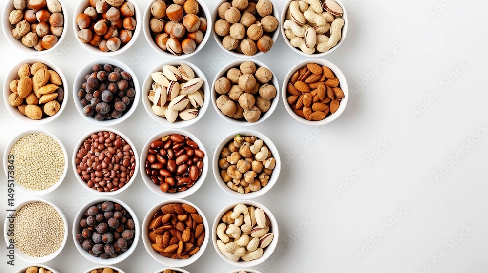 Fototapeta premium Assortment of nuts and seeds in small white bowls