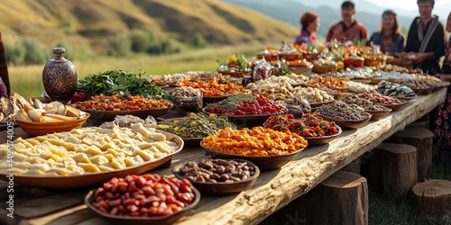 traditional Yakut food arranged on a wooden table during Ysyakh, surrounded by guests in festive clothing