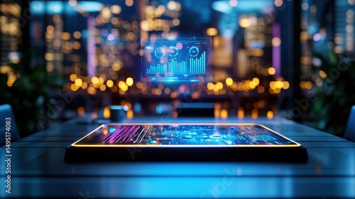 Futuristic tablet displaying data analytics in city nightscape