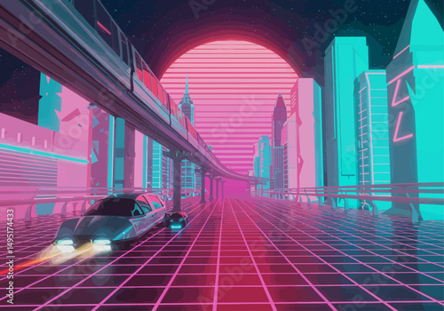 Vibrant Mid-Century Sci-Fi Cityscape with Hovercar, Chrome Monorails, and Retro-Futuristic Neon Grid in Vector Style