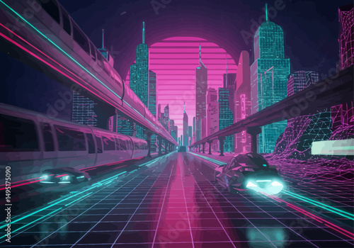 Vibrant Mid-Century Sci-Fi Cityscape with Hovercar, Chrome Monorails, and Retro-Futuristic Neon Grid in Vector Style