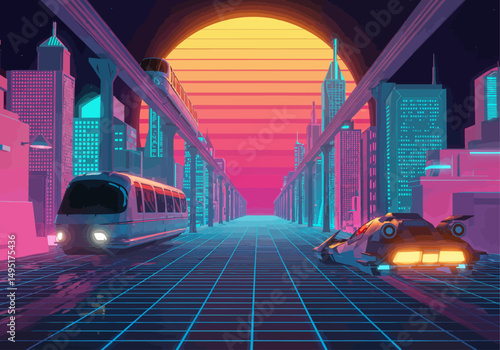 Vibrant Mid-Century Sci-Fi Cityscape with Hovercar, Chrome Monorails, and Retro-Futuristic Neon Grid in Vector Style