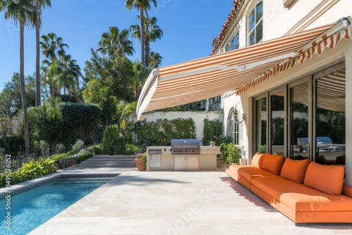 Luxury Poolside Relaxation: Mediterranean Villa with Outdoor Kitchen and Retractable Awning