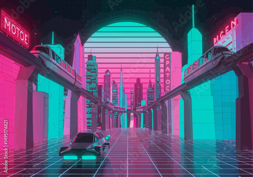 Vibrant Mid-Century Sci-Fi Cityscape with Hovercar, Chrome Monorails, and Retro-Futuristic Neon Grid in Vector Style