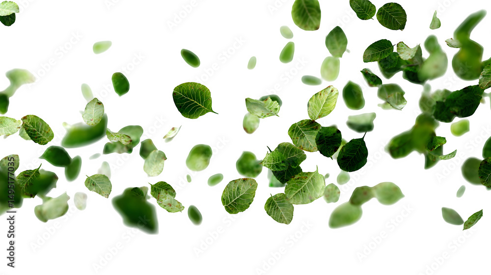 a collection of small leaves scattered randomly with depth blur, isolated on transparent background