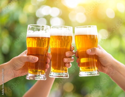 Three hands holding beer glasses in a toast, warm blurred background suggests festive gathering.