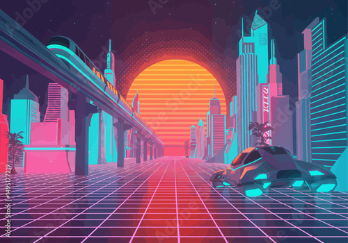 Vibrant Mid-Century Sci-Fi Cityscape with Hovercar, Chrome Monorails, and Retro-Futuristic Neon Grid in Vector Style