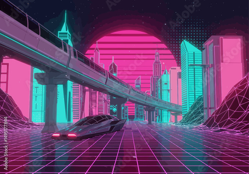 Vibrant Mid-Century Sci-Fi Cityscape with Hovercar, Chrome Monorails, and Retro-Futuristic Neon Grid in Vector Style