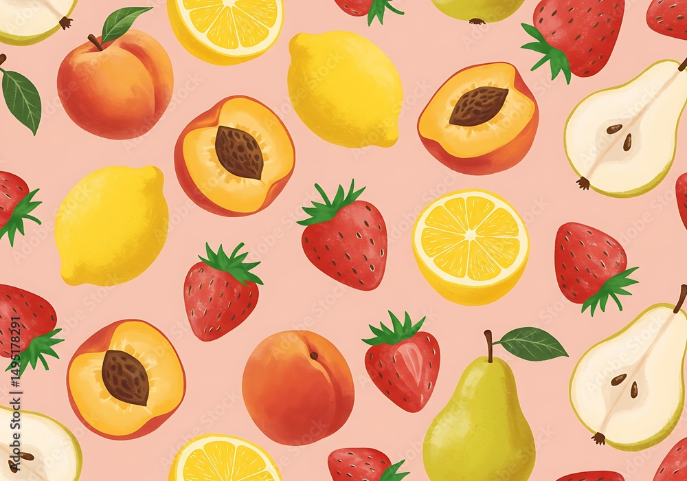 Illustration of fresh fruits including strawberry, lemon, peach, and pear on pink background Illustration of fresh fruits including strawberry, lemon, peach, and pear on pink background