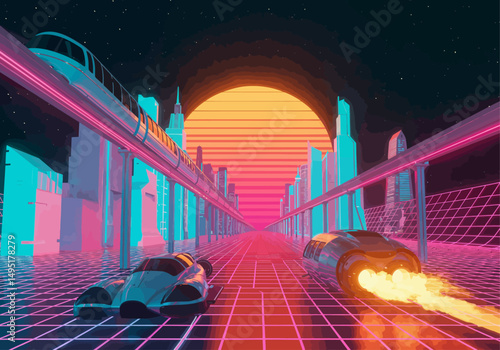 Vibrant Mid-Century Sci-Fi Cityscape with Hovercar, Chrome Monorails, and Retro-Futuristic Neon Grid in Vector Style