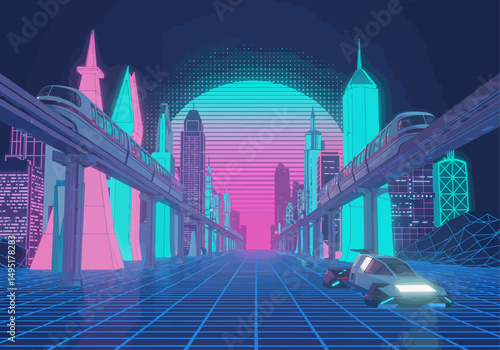 Vibrant Mid-Century Sci-Fi Cityscape with Hovercar, Chrome Monorails, and Retro-Futuristic Neon Grid in Vector Style