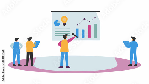 Presentation with a presenter pointing to a chart with an idea bulb and three attendees watching