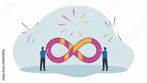 Two people holding a pink and orange infinity symbol with light rays above on a light blue background