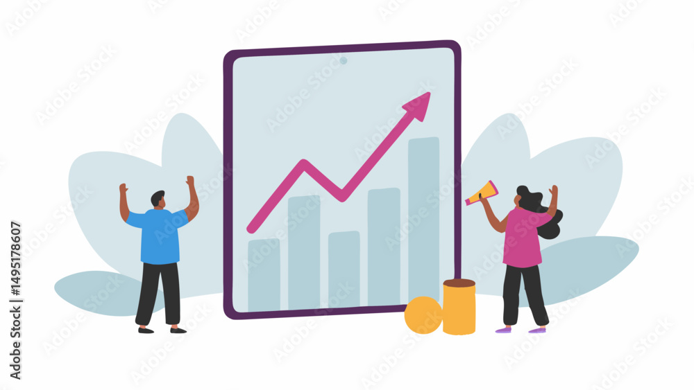 People celebrating in front of a screen showing a graph with an upward trending line and bar chart People celebrating in front of a screen showing a graph with an upward trending line and bar chart