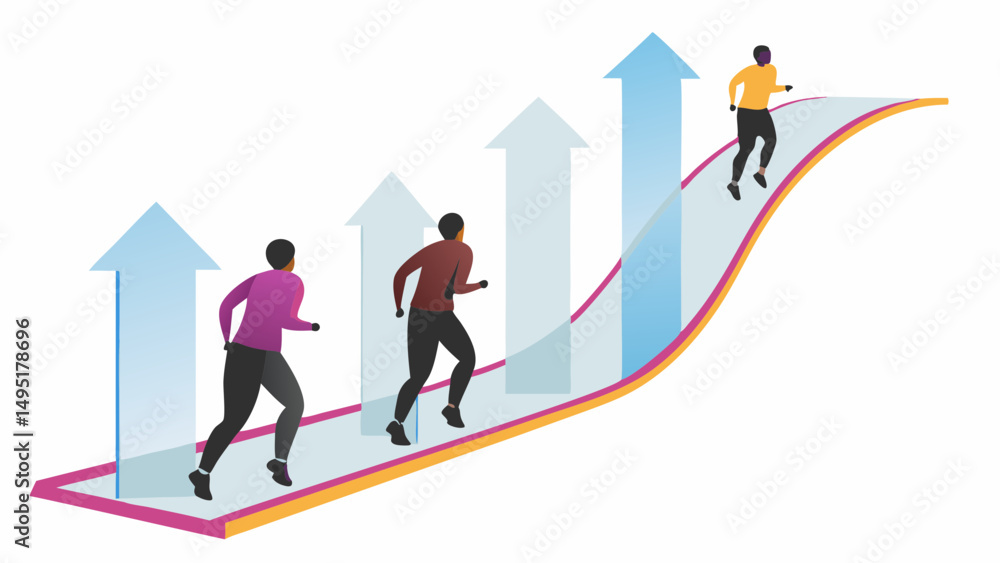 Fototapeta premium People running uphill on a path with arrow graphics indicating progress and upward movement concept