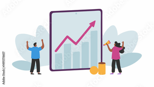 People celebrating in front of a screen showing a graph with an upward trending line and bar chart
