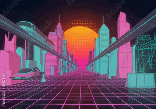 Vibrant Mid-Century Sci-Fi Cityscape with Hovercar, Chrome Monorails, and Retro-Futuristic Neon Grid in Vector Style