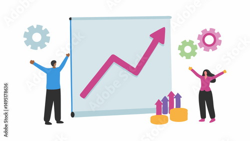 People celebrating success with upward trend chart, gears, and rising coin stacks on a white background
