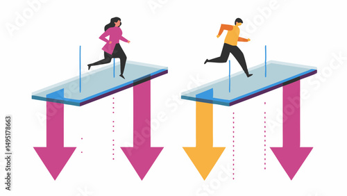 Two people running on platforms with arrows pointing down representing direction and movement of individuals