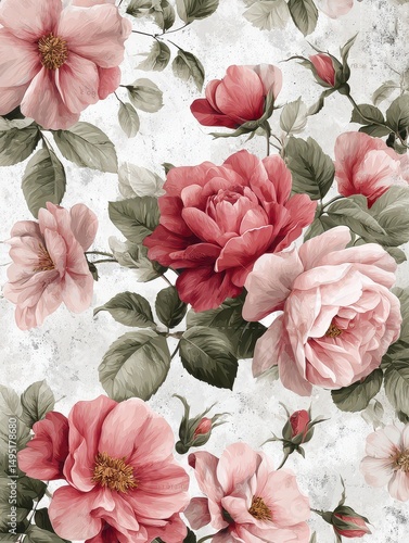 Delicate Floral Pattern with Soft Roses and Green Leaves on a Textured Background in Soft Pink and Cream Shades, Perfect for Elegant Designs