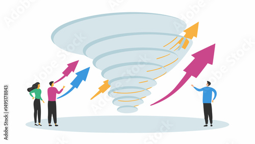 Illustration of people looking at a swirling vortex with arrows pointing upwards in different colors