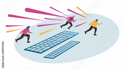 Illustration of three people running with speed lines above two blue grid like surfaces on a light blue background