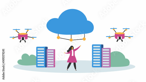 Illustration of a woman standing between buildings with drones and a cloud network overhead in a city