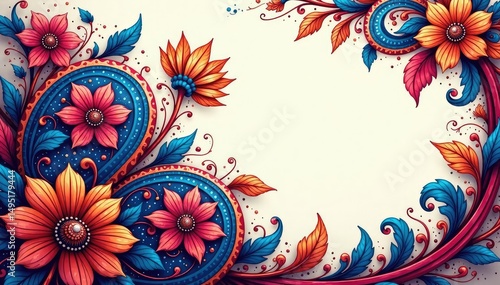Intricate swirling floral paisley design in vibrant hues , textile, material, indian