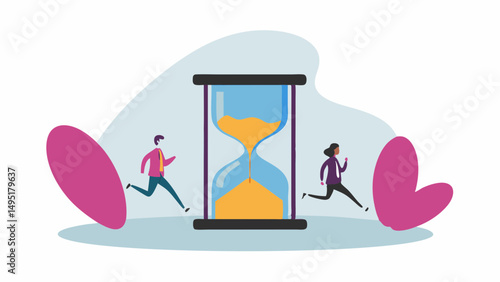 Two people racing against time with a large hourglass in the center and pink shapes on either side