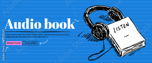 book with headphones. Audiobook concept. Banner design with quirky thendy illustration