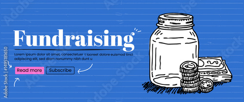 Charity jar sketch with coins and hearts. Fundraising, donation, crowdfunding, and social support