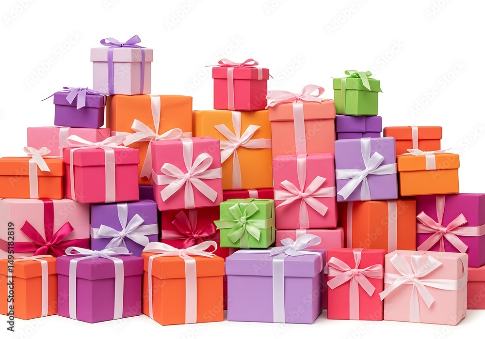 Obraz premium Pile of colorful gift boxes with ribbons on white background