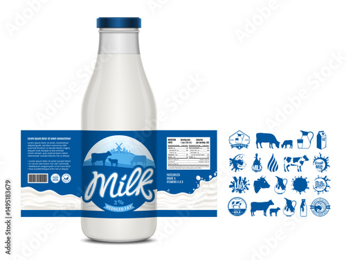 Vector milk label design, packaging design template. Milk bottle with label. Dairy icons and design elements