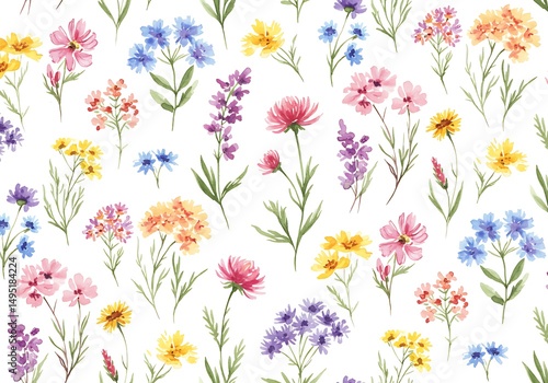 Watercolor floral pattern with pink, yellow, and blue flowers on a white background