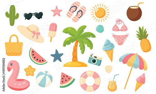 A set of beach elements isolated on white. vector illustration