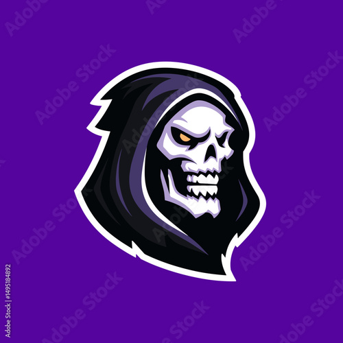 Dark and bold esports logo featuring a menacing skull with a hood designed for competitive gaming teams and events