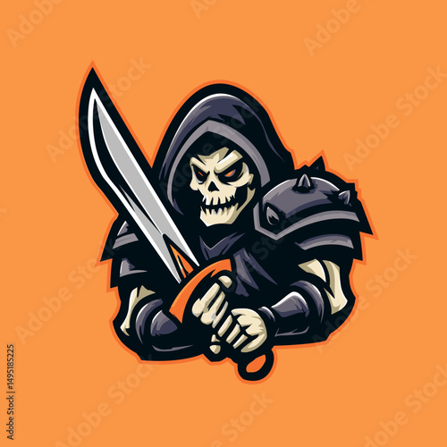 Unique esports logo design featuring a menacing skeleton warrior brandishing a sword against a vibrant orange background
