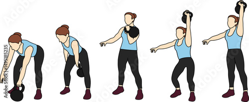 Vector illustration of a woman performing the kettlebell clean and jerk. Side view shows five stages positions. Perfect for fitness tutorials, gym posters, workout plan or strength training guides