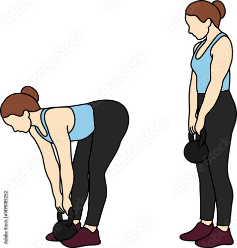 Vector illustration of a woman performing a kettlebell deadlift. Side view shows starting and ending positions. Perfect for fitness tutorials, gym posters, workout plan or strength training guides.