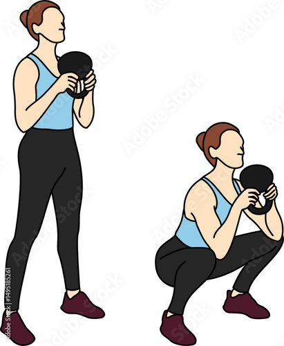 Vector illustration of a woman performing a kettlebell goblet squat. Side view shows starting and ending positions. Perfect for fitness tutorials, gym posters, workout plan or strength training guides