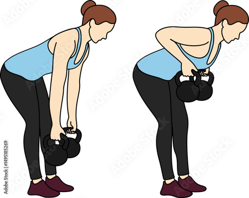 Vector illustration of a woman performing kettlebell bent over rows. Side view shows starting and ending positions. Perfect for fitness tutorials, gym posters, workout plan or strength training guides