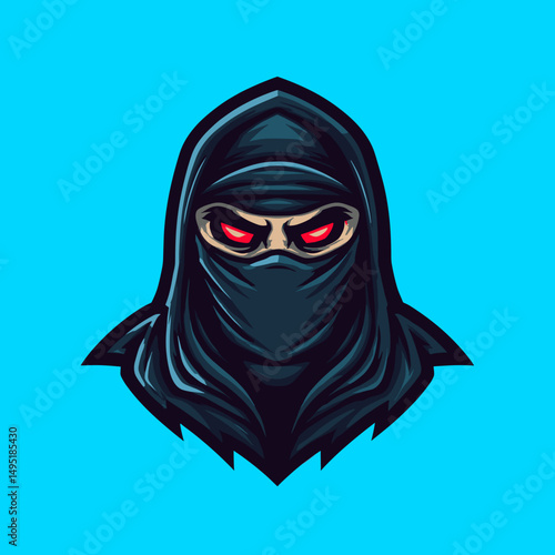 Dynamic esports logo featuring a mysterious character with glowing red eyes and a stealthy black hood