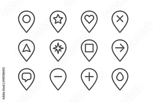 Modern vector illustration of various minimalist map markers with distinctive shapes and symbols on a clean background