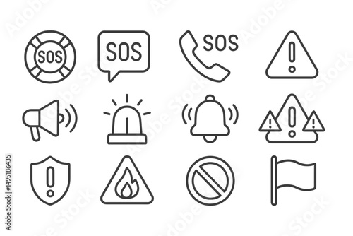 Modern vector illustration of emergency alert symbols and signs for safety awareness and communication in critical situations