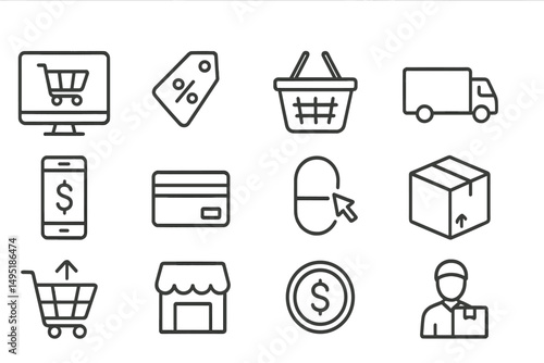 Online shopping icons showcasing cart, payment methods, and delivery in a modern vector style