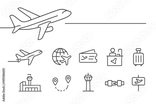 Vector illustration depicting modern travel elements including airplane, globe, tickets, and airport activities for a seamless journey