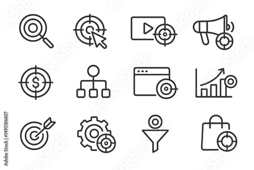 Modern vector illustration of marketing concepts, including targets, analytics, and audience engagement techniques